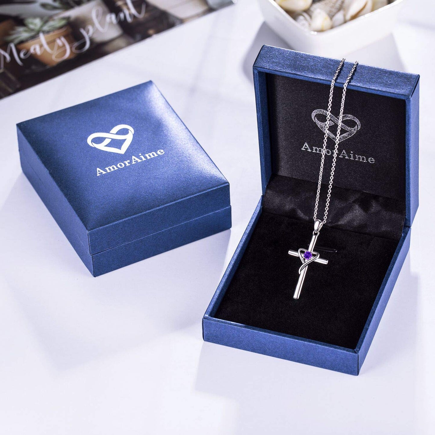 AmorAime 925 Sterling Silver Cross Necklace for Women Men 14K Gold Plated 5A CZ Birthstone Necklaces for Holiday (B.Purple-February-Amethyst)