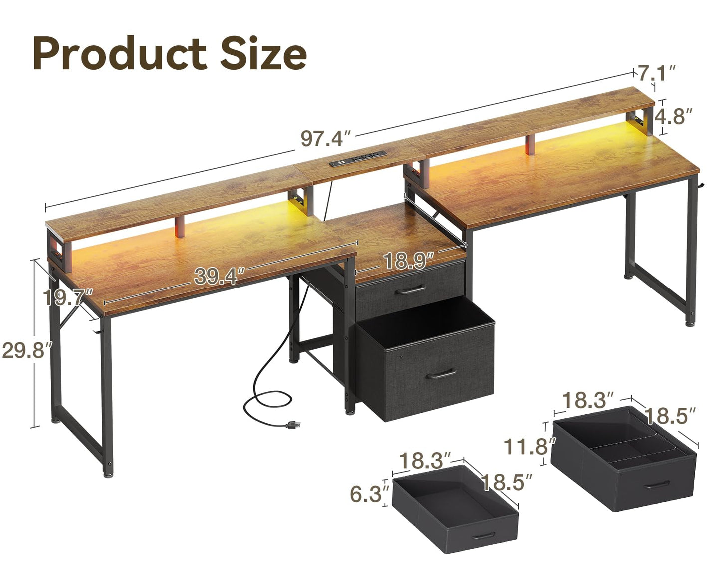 Casaottima 98" 2 Person Computer Desk with Fabric Drawer & File Cabinet, Two Person Long Writing Home Office Desk with Power Outlet & LED Light & Monitor Stand, Storage Shelves, Vintage