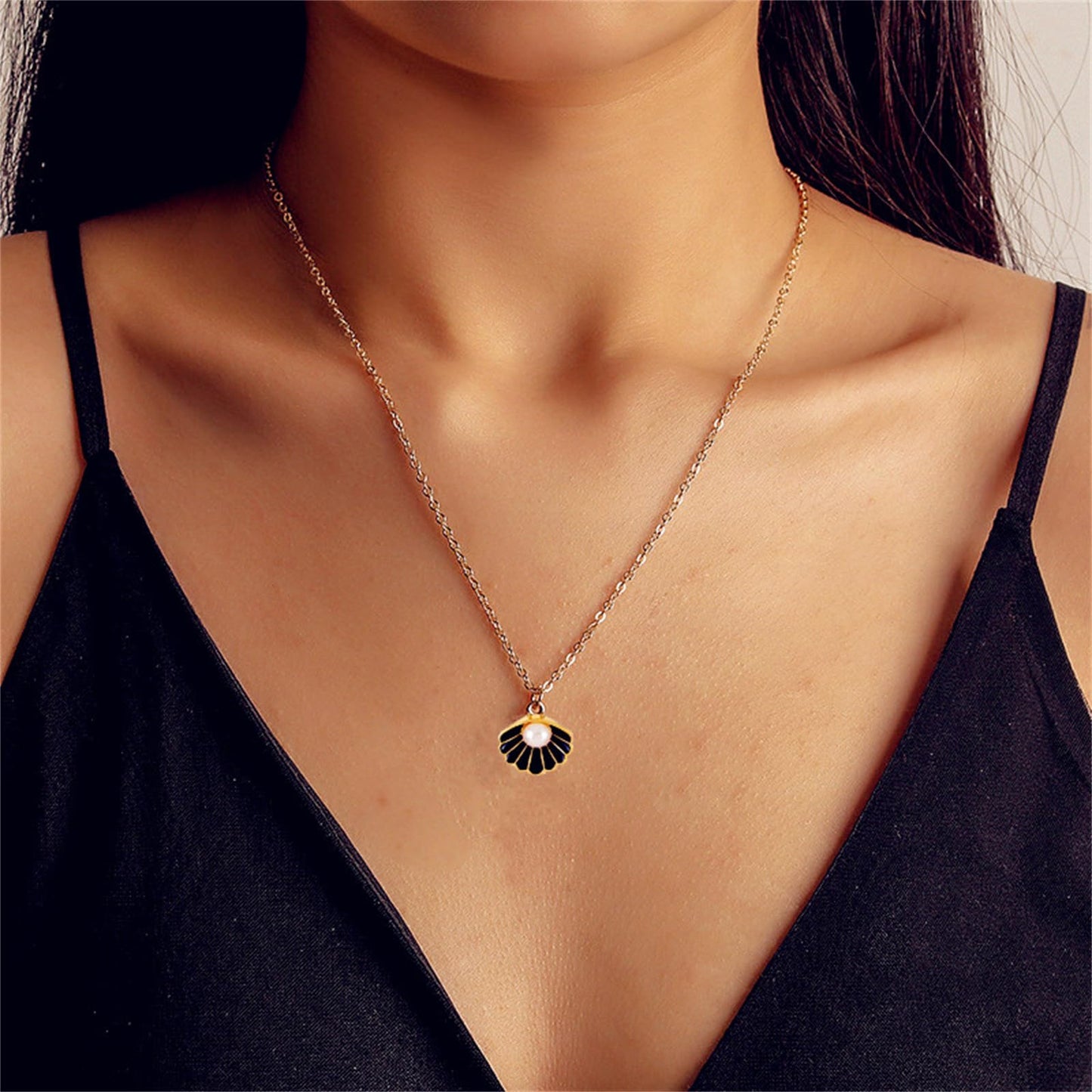 Seashell Pearl Pendant Necklace Gold Plated Boho Enamel Pink Blue Scallop Sea Shell Starfish Ocean Animal Chain Necklace for Women Hawaiian Summer Beach Holiday Fashion Jewelry Gifts (Black)