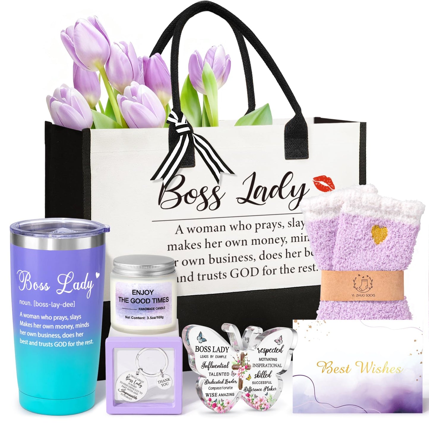 Boss Lady Gifts for Women, Best Boss Gifts for Women, Thank You Gift Baskets for Bosses Female, Birthday Christmas Farewell Office Appreciation Gift Set w/Canvas Tote Bag Acrylic Decor