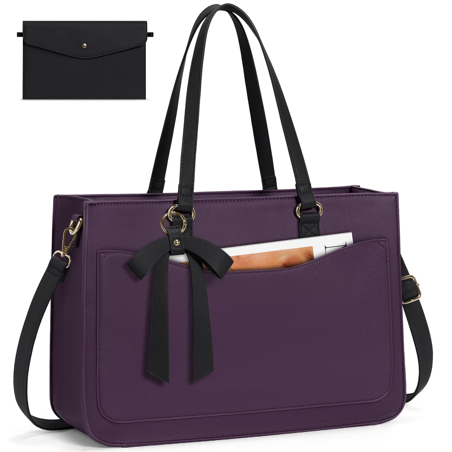 RAINSMORE Laptop Bag for Women 15.6 Inch Work Tote Bags Leather Laptop Tote Waterproof Computer Bag Professional Office Briefcase Large Handbag for College Teacher Travel,Purple and Black
