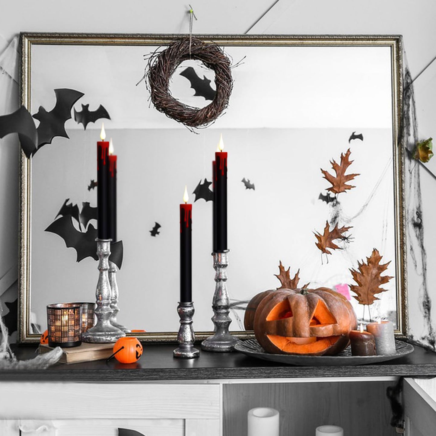 DRomance Black Flameless Taper Candles Flickering with Remote and Timer, Blood Dripping Wax Effect Battery Operated Yellow Light LED Taper Candles Dinner Halloween Spooky Decor(4 Pack, 0.78" x 8.9"")"