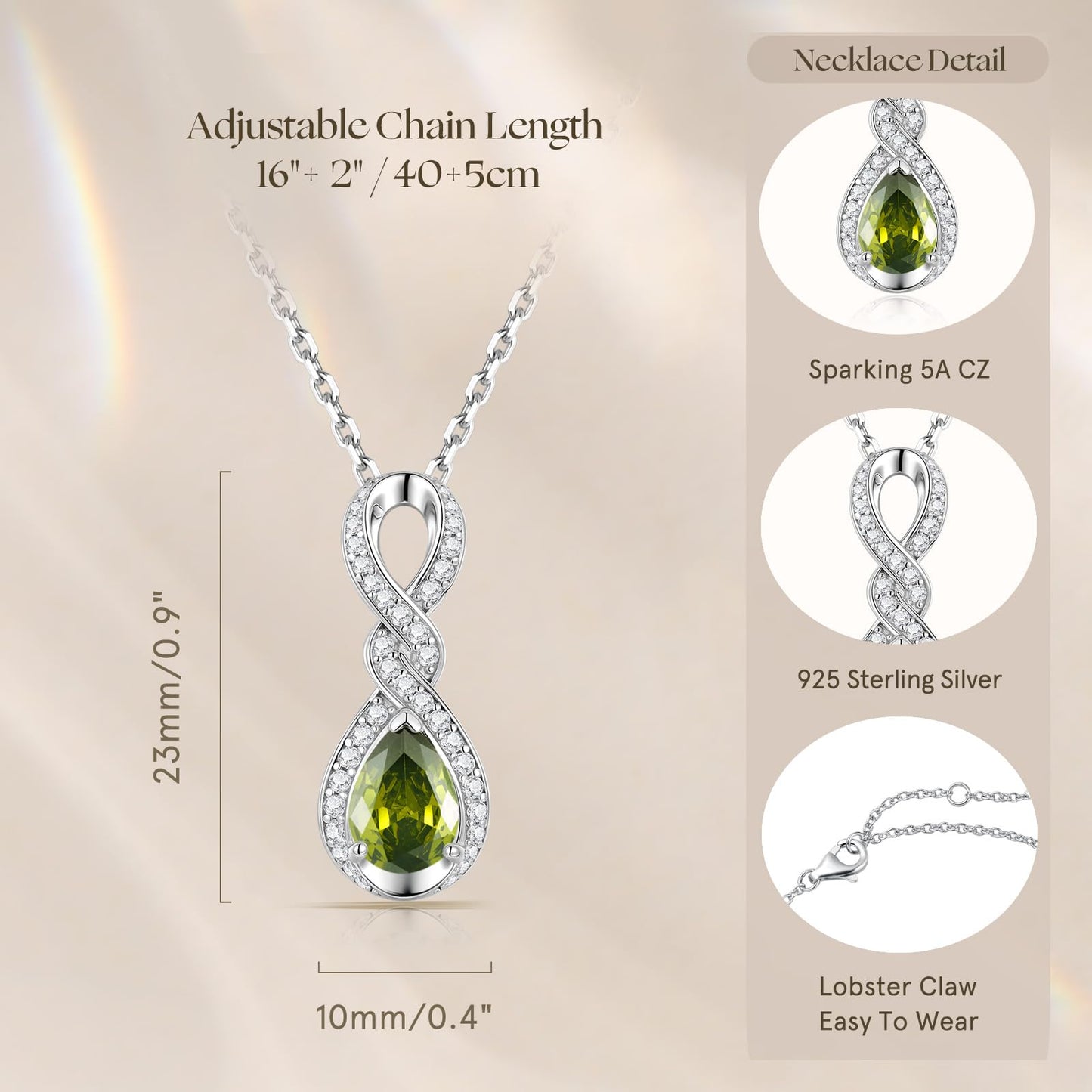 FANCIME Peridot Necklace August Birthstone Sterling Silver Dainty Infinity Knot Pendant Necklace Green Gemstone Fine Jewelry Anniversary Birthday Graduation Mothers Day Gifts for Women Her Mom