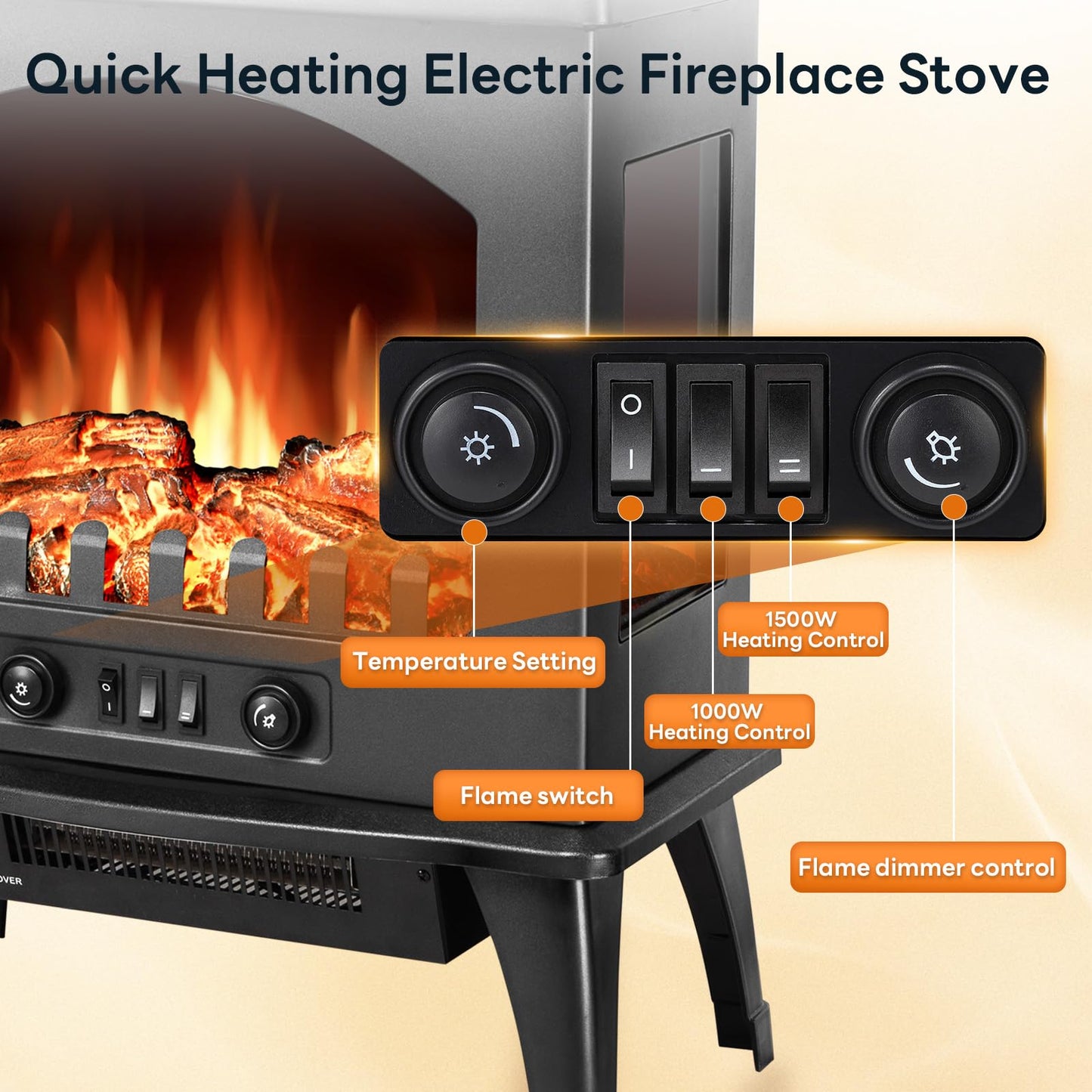 ZAFRO Freestanding Electric Fireplace Stove with Realistic Flame, 5100 BTU Electric Fireplace Heater with Retro Design, 1000W/1500W, Dual Safety Protection for Living Room, Bedroom