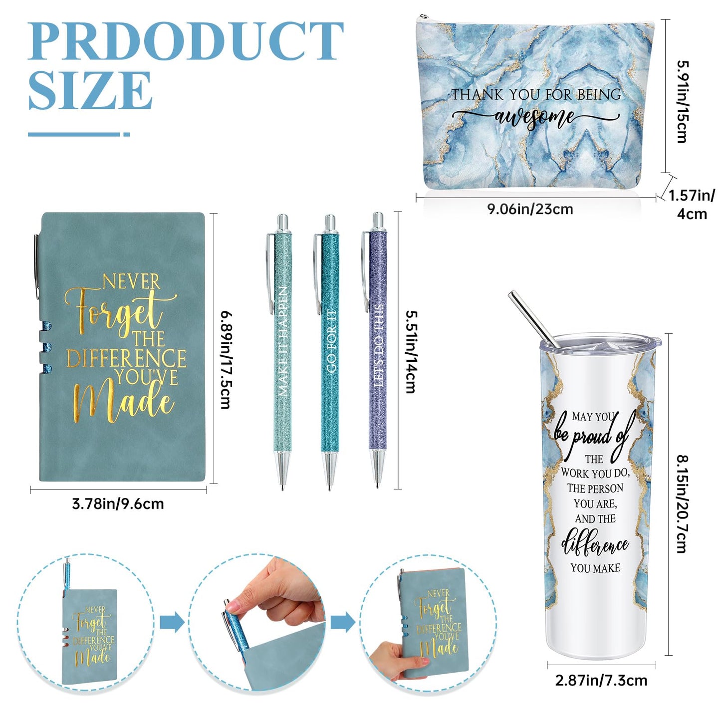 Domensi 6 Pcs Employee Appreciation Gift Set for Women Female Thank You Gift May You Be Proud 20 oz Rustic Marble Sign Tumbler Makeup Bag Journal for Nurse Lady Work Business(Blue)