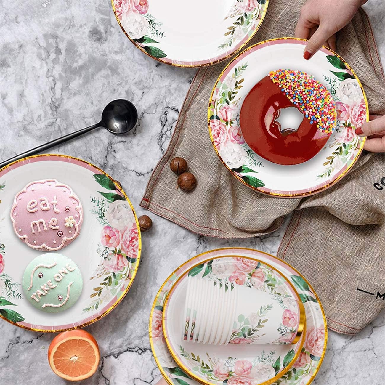Floral Party Supplies - Bridal Shower Paper Plates & Napkins Set for 24 Guests - Disposable Dinnerware: Plates, Cups, Cutlery for Baby Shower, Tea Party
