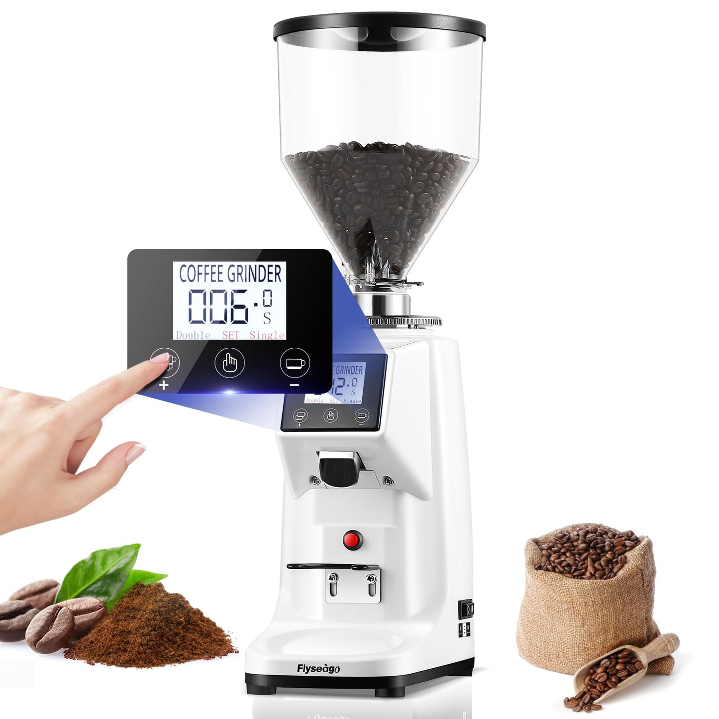 Flyseago Commercial Coffee Grinder Electric Flat Burr Coffee Bean Grinder with 19 Settings Touch Screen Espresso Machine with Large 35oz Hopper, White