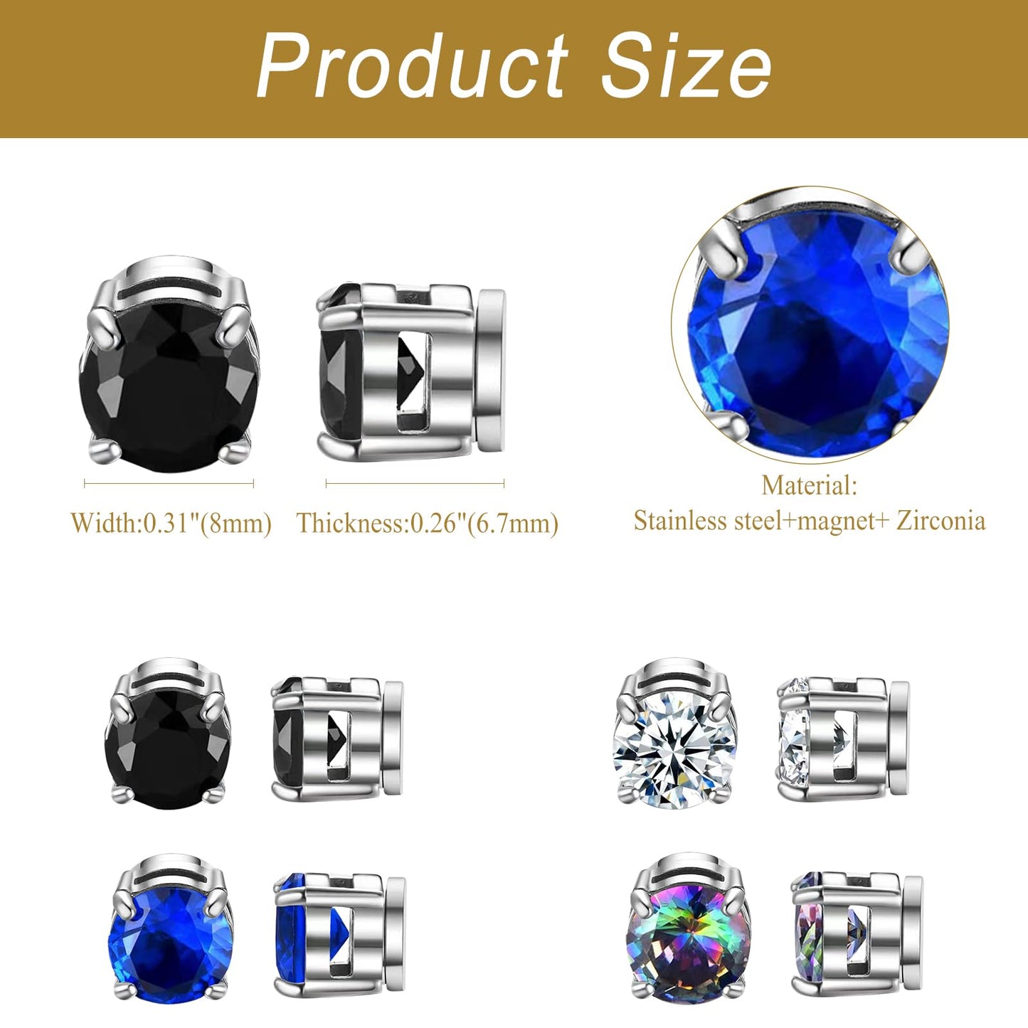 Magnetic Non-piercing Clip On Earrings: 4 Pairs Stainless Steel Black Color CZ Inlay Round Fake Cheater Studs for Men Women