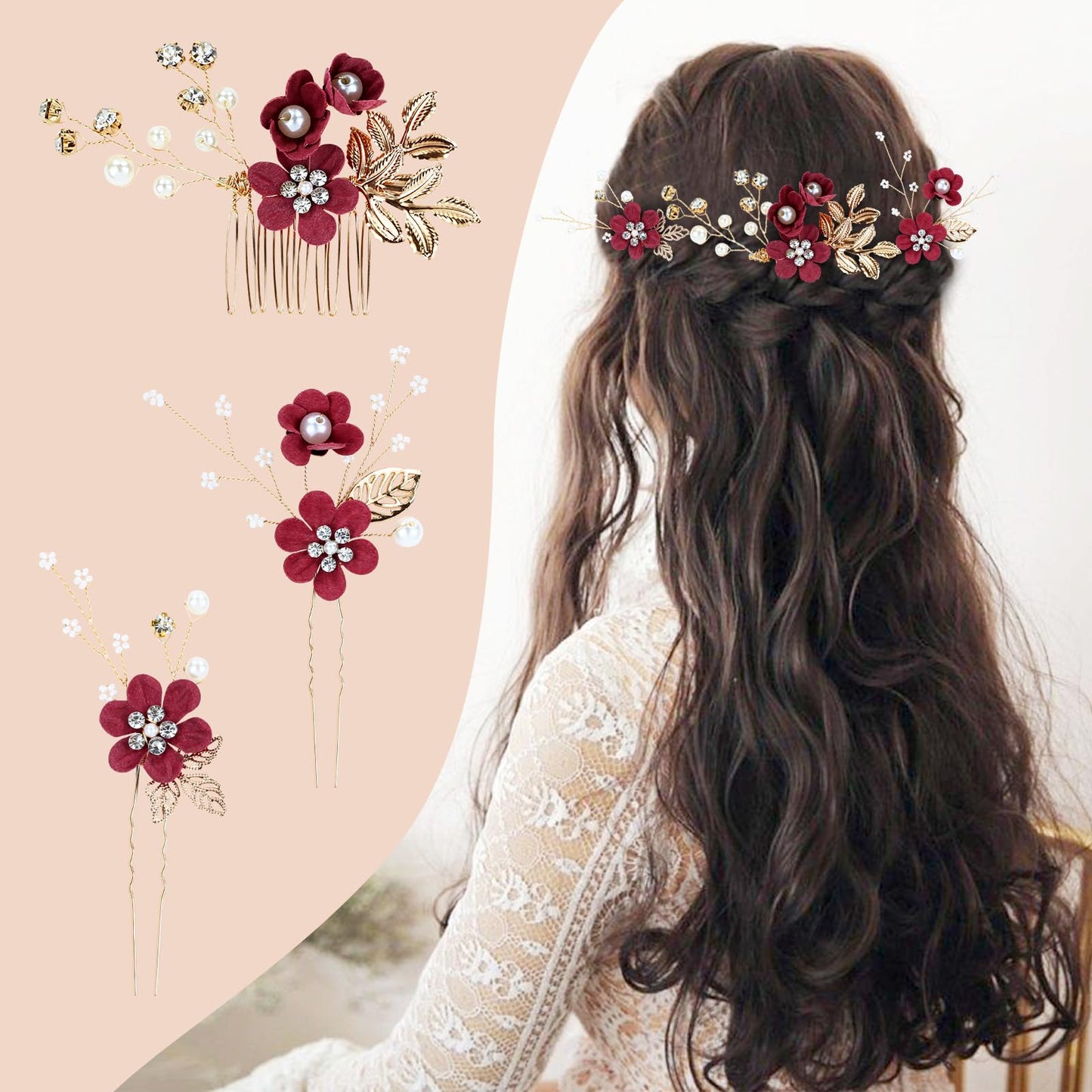 inSowni 20 Pack Classic White Dusty Pink Blue Flower Bridal Wedding Hair Side Combs+U-shaped Flower Hair Pins+Twist Spiral Pearl Hair Pins Pieces Headpieces Accessories for Brides Bridesmaids Women