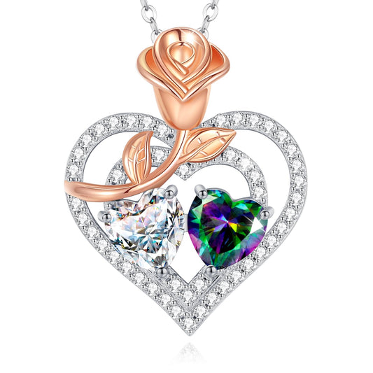 AGVANA April June Birthstone Jewelry CZ Alexandrite Necklace Sterling Silver Rose Flower Heart Double Birthstone Pendant Necklace Anniversary Birthday Gifts for Women Mom Wife Lady Her