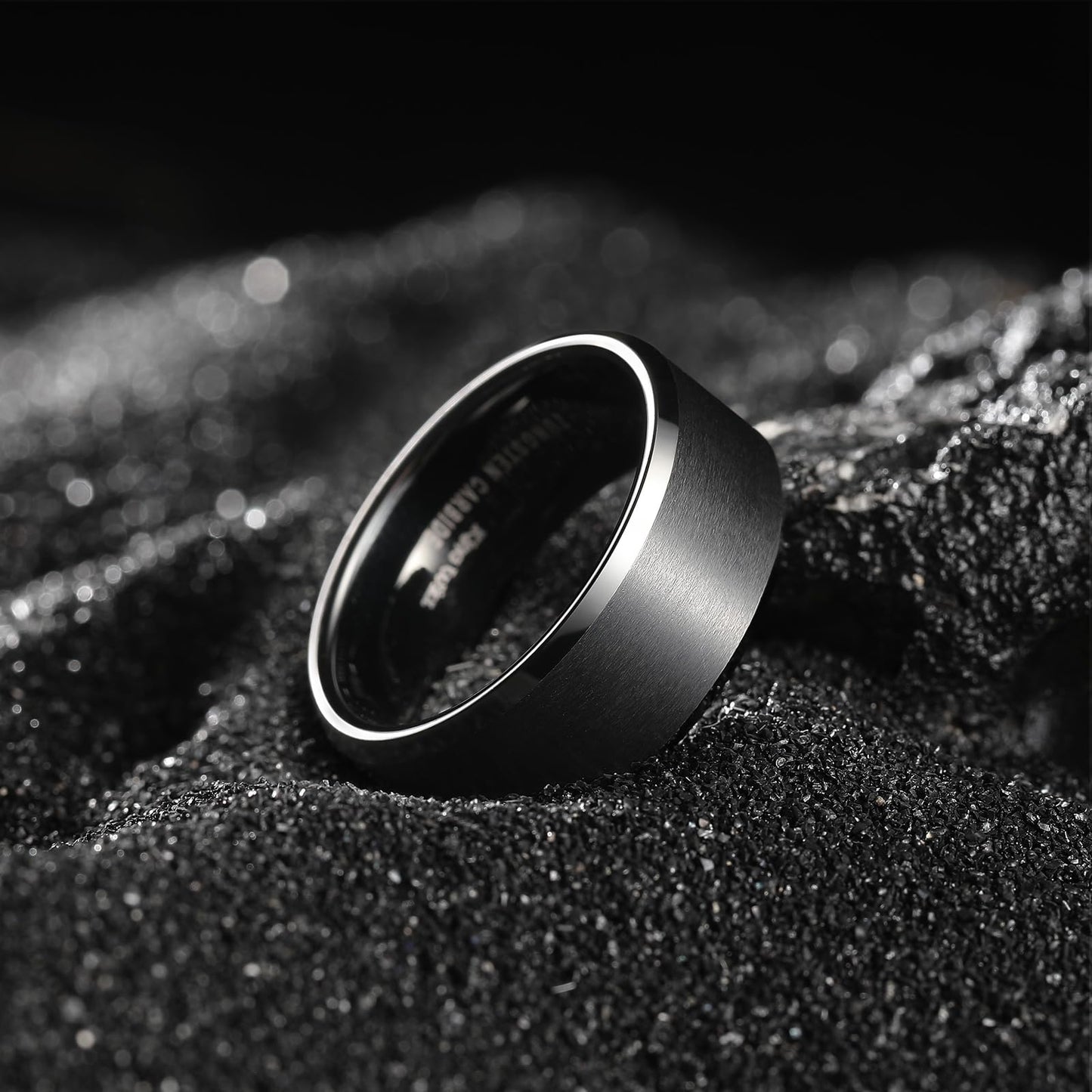 King Will 8mm Men's Black Tungsten Wedding Ring - Brushed Matte Surface, Beveled Polished Edge, Comfort Fit Size 10