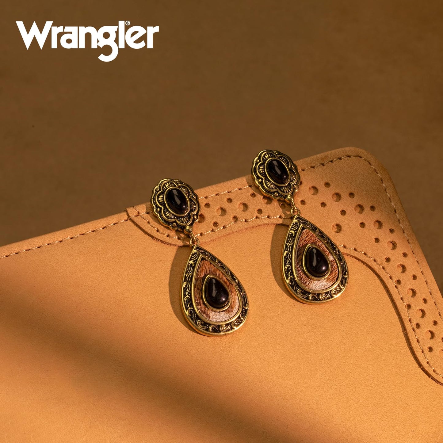 Wrangler Western TearDrop Dangle Earrings for Women Country Statement Genuine Horsehair Turquoise Vintage Cowgirl Cowboy Jewelry (Gold-Black)