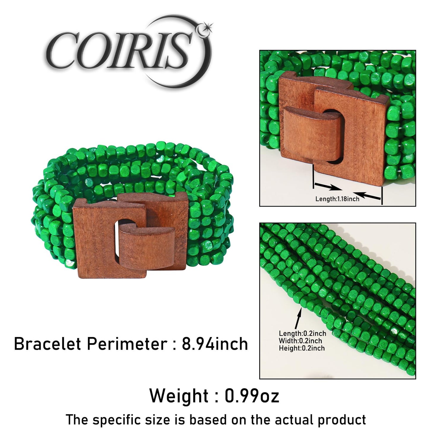 Coiris Boho Bangle Bracelets for Women Wooden Beaded Bracelets Chunky Bohemian Beach Bracelets Jewelry for Women(BR1235-Green)