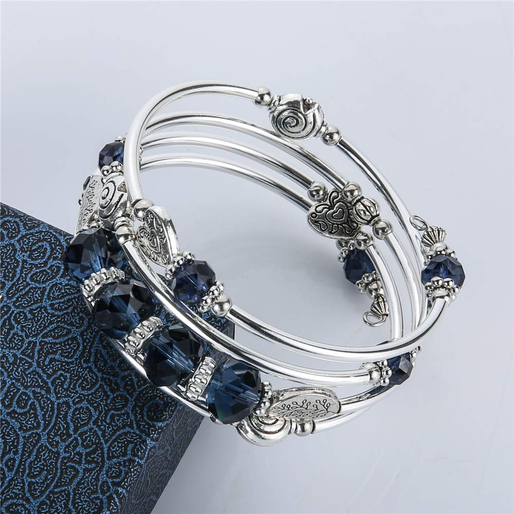 PEARL&CLUB Bead Crystal Wrap Bangle Bracelet - Fashion Jewelry Beaded Bracelet with Silver Metal, Gifts for Women(23-Navy Blue)