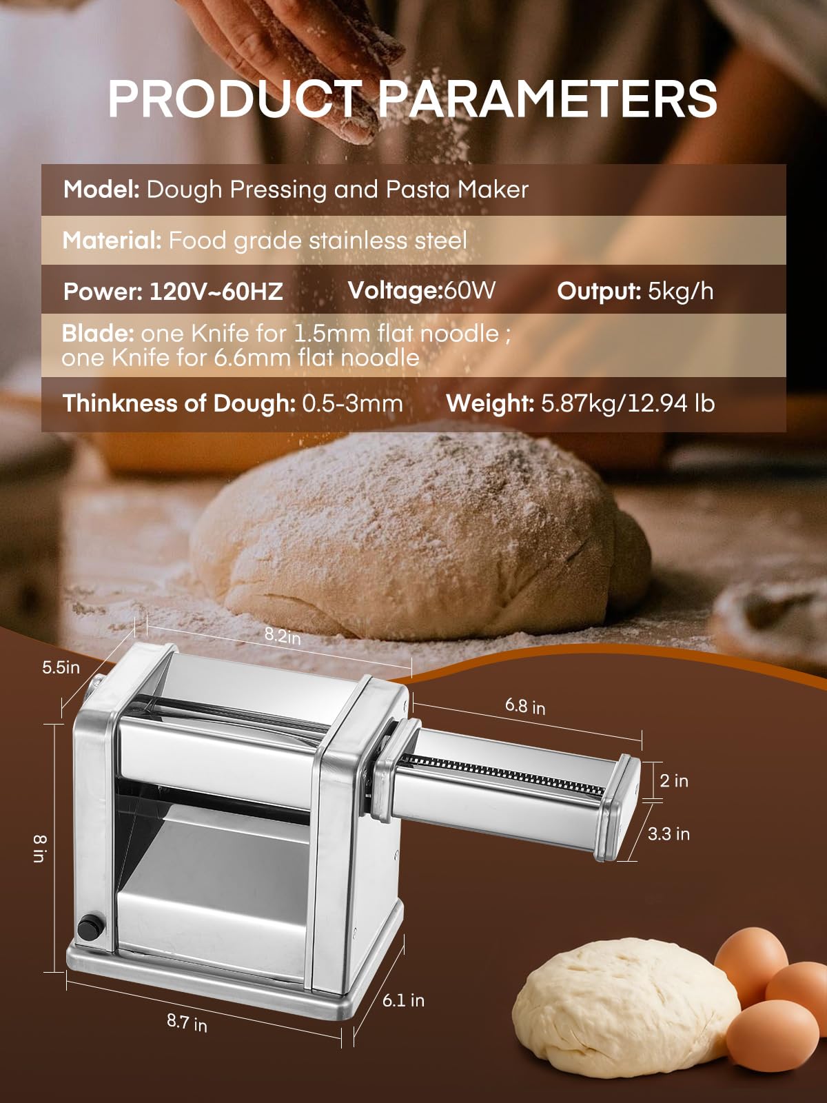 FOHERE Electric Pasta Maker Machine, Adjustable Thickness Noodle Maker for Spaghetti, Fettuccine, Lasagna & Dumpling Skins | 7-Level Customization, Food-Grade Stainless Steel, Easy Clean