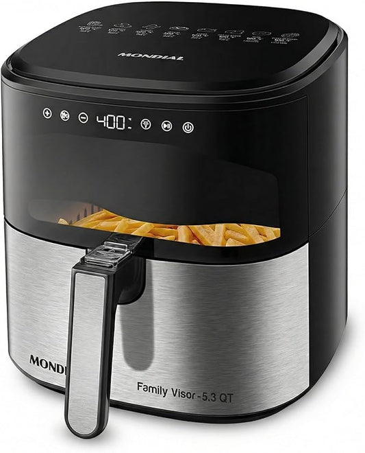 Mondial - Air Fryer Digital Visor Inox 5.3QT Capacity - High Power & Elegant Stainless Steel Finish - Black & Inox