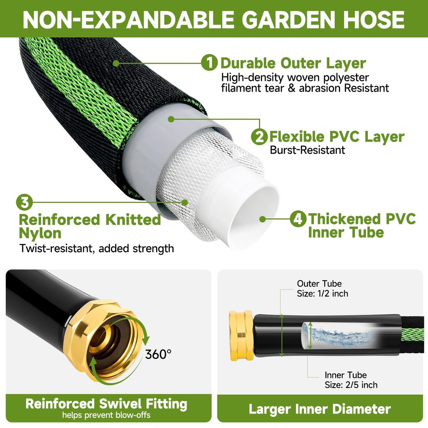VIONMI Garden Hose 50ft Flexible Non-Expandable Water Hose Kink-Free Lightweight Leak-Proof High Pressure Durable Outdoor Portable Fabric Hoses Pipe with 3/4” Sturdy Fittings for Yard Lawn Car Wash