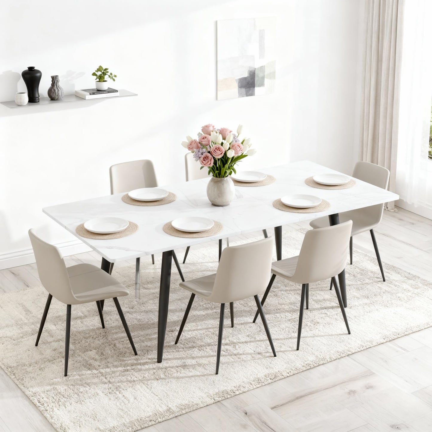 FURNITO 7 Piece Dining Table Set, 59"-75" Extendable Dining Room Table Set with 6 Upholstered Chairs, White Kitchen Table Chairs Set for Living Room, Apartment, Easy to Assemble
