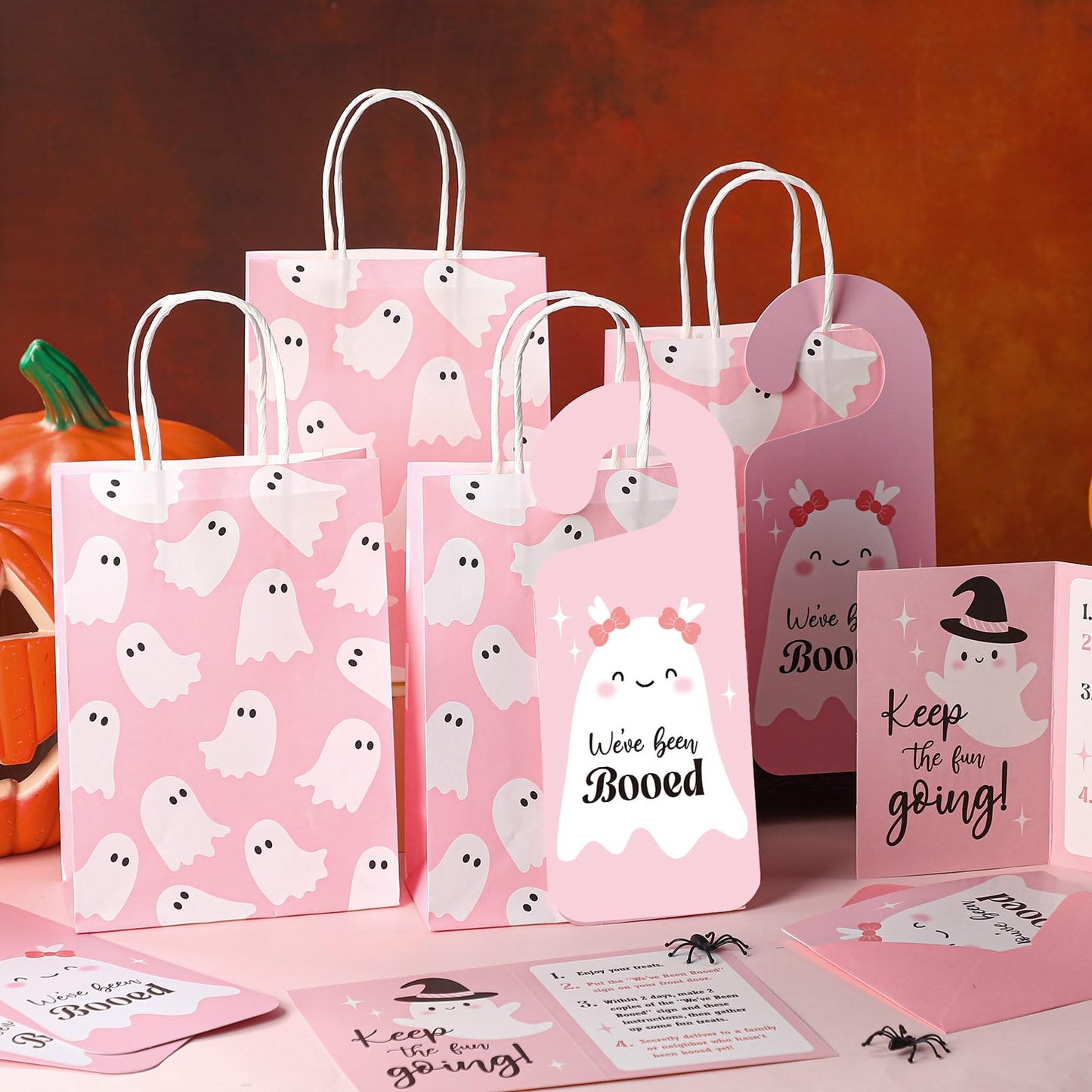 Resholder 24 Set Halloween You've Been Booed Ghost Paper Gift Treat Bag Kit with 24 Boo Gift Bags 24 Cardstock 24 We've Been Booed Doorknob Hangers 24 Envelopes for Neighbors Friends(Pink Ghost)