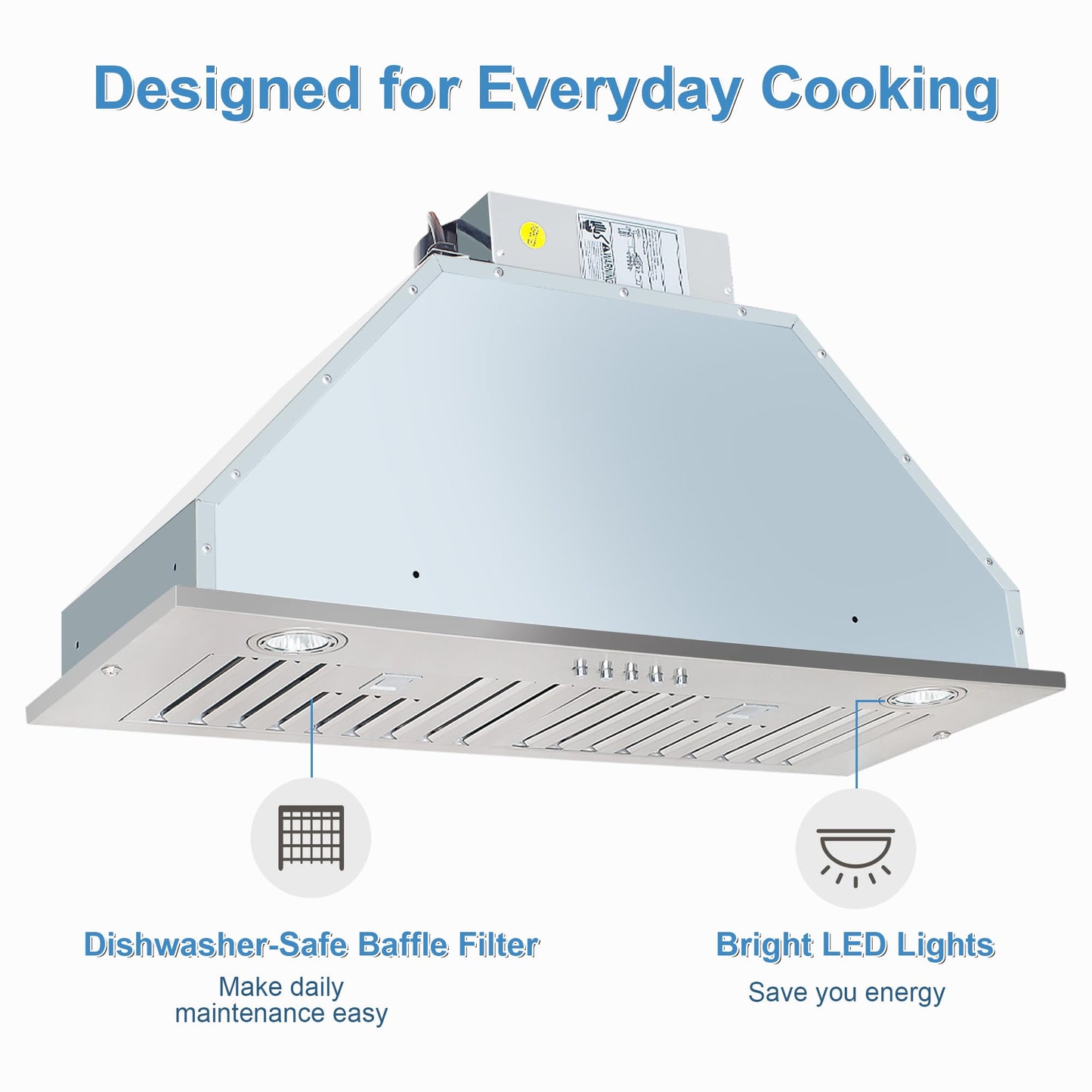 HomeBeyond 28-inch Insert/Built-in Range Hood 600 CFM Stainless Steel Kitchen Chimney Vent 1 Blower 3 Speed Button Control with LED Lights