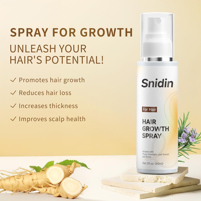 Snidin Hair Growth Spray –Biotin & Rosemary oil -Multi-Effect Scalp Treatment for Thinning Hair – With Ginseng & Arborvitae for Strengthening & Shine – 60ml per Bottle