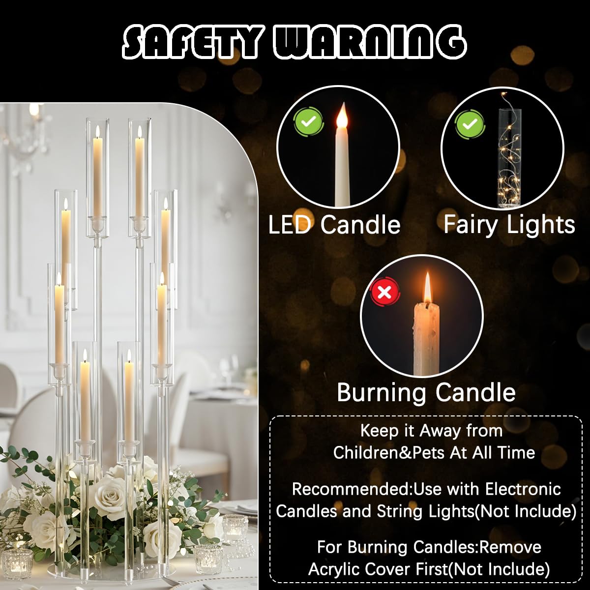 10PCS 8 Arm Acrylic Candelabra Candle Holder for Wedding,Tall Clear Candlestick Holders with Shade for Tables Party Grand Event Valentine's Day Dinner Decoration (Fit 0.8" Led Candles)"