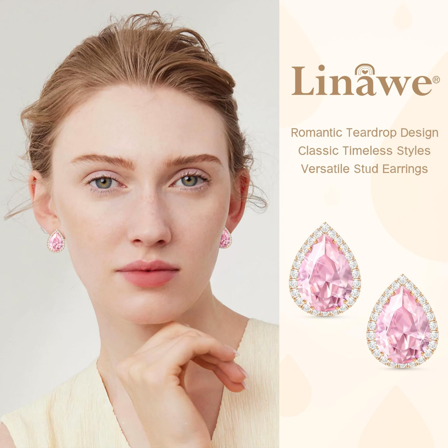 Linawe Pink Earrings Studs for Women, Imitation Diamond Morganite Teardrop Cartilage Earring Set, Stud Earrings Rose Gold Iridescent Rhinestone Crystal Hypoallergenic Jewelry