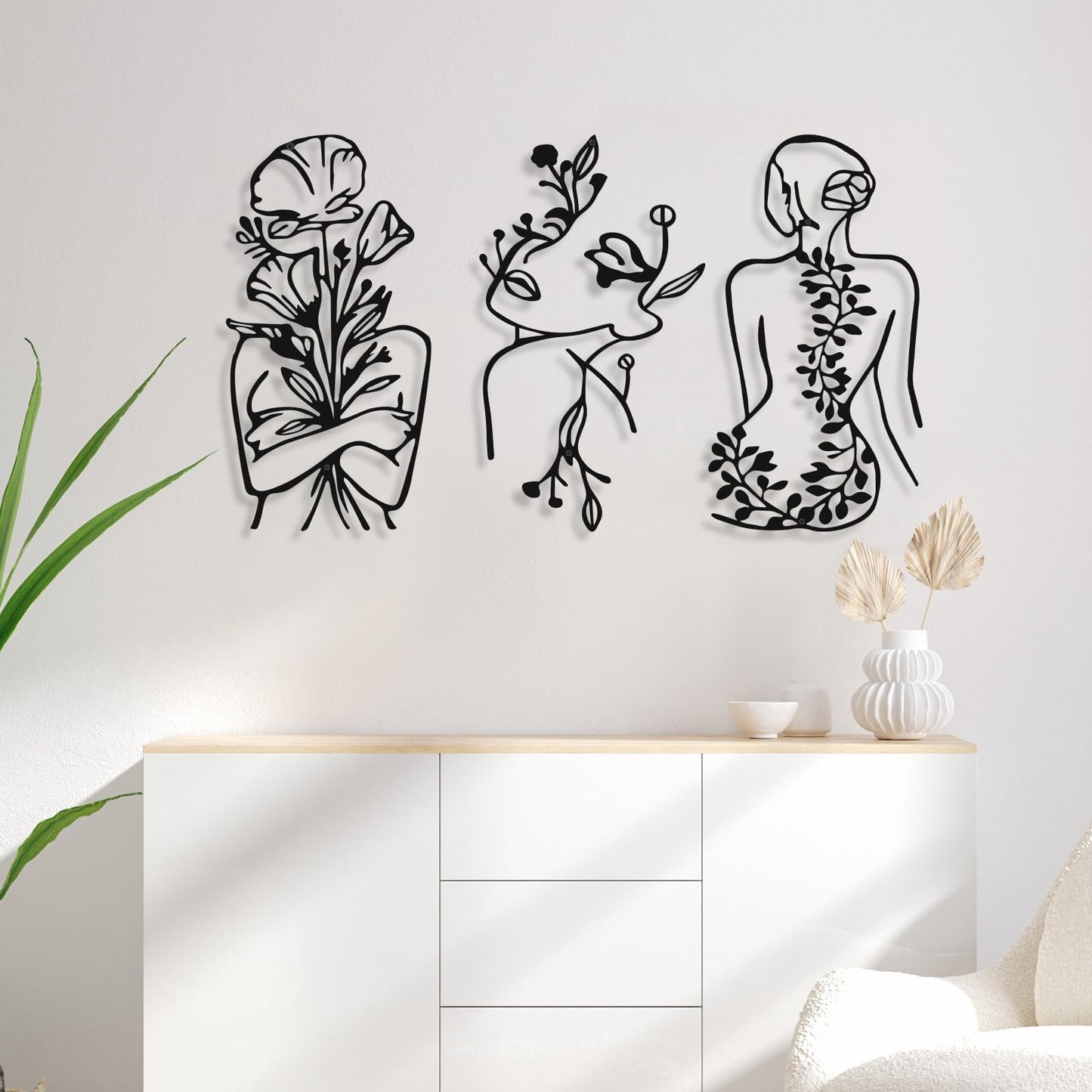 Photect 3 Pcs Metal Wall Art Decor Minimalist Abstract Woman Wall Art Metal Modern Line Drawing Decor Female Single Line Home Hanging for Bedroom Bathroom Living Room Housewarming(Plant,Black)