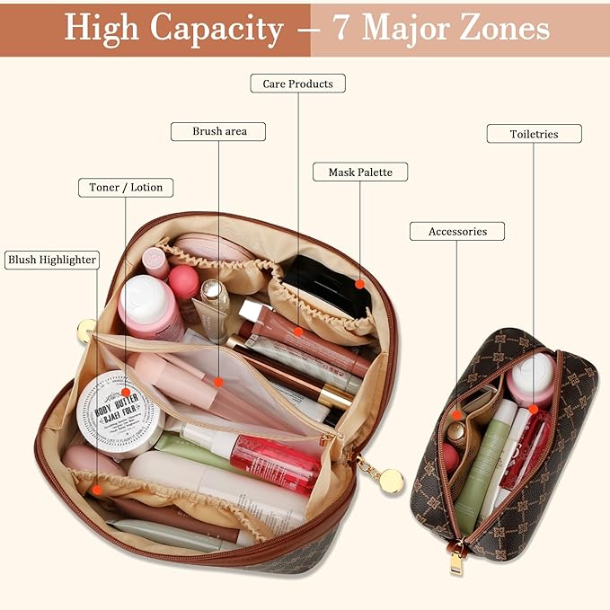 Birthday Gifts for Women Teen Girl, Personalized Initial Makeup Organizer Bag Set, Open Flat Travel Cosmetic Bag With Clear Divider and Handle(Coffee,L)