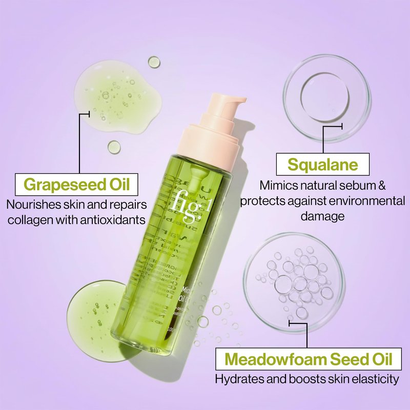 Fig.1 Micellar Oil Cleanser for Face - Makeup Remover Cleansing oil, Facial Cleanser - Squalane & Grapeseed Oil Formula, Cleanse without Clogging Pores, Acne-Prone Facial Skincare, Refillable 3.4 Oz