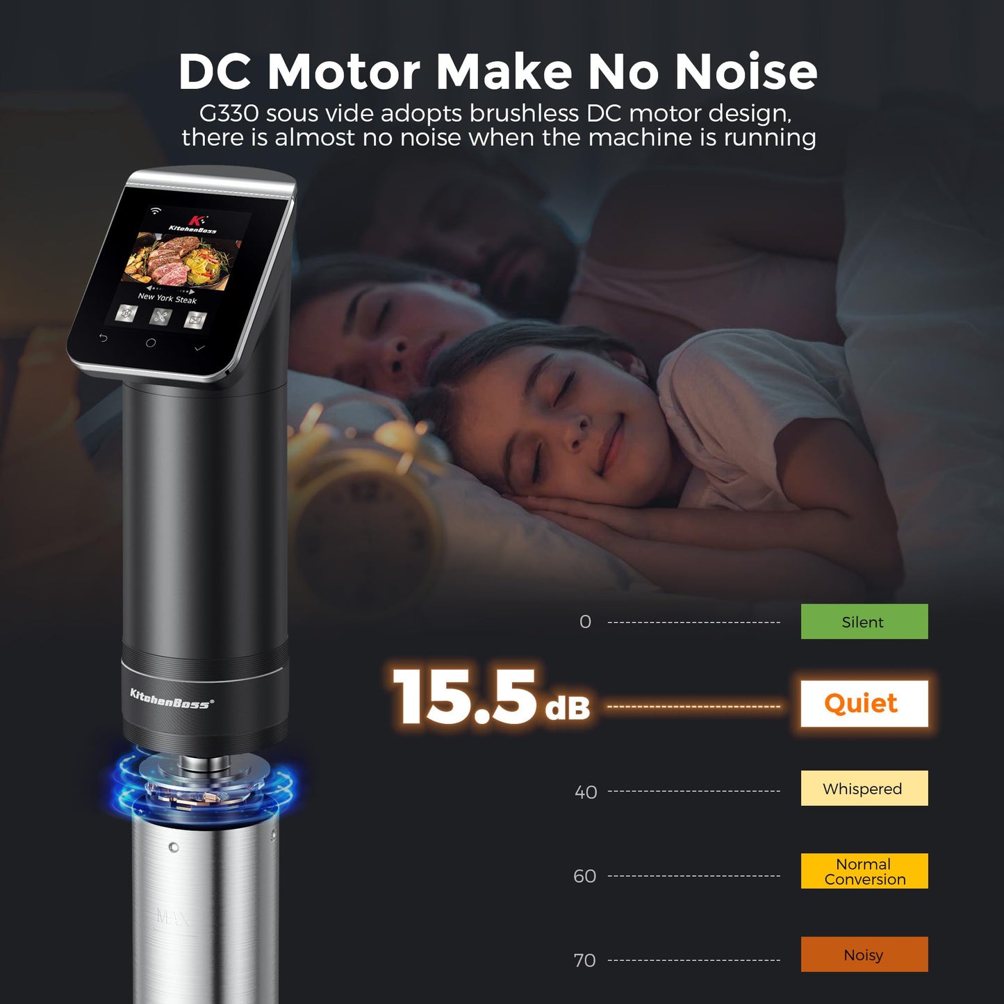 KitchenBoss WIFI Sous Vide Cooker: Ultra-Quiet Sous-vide Cooking Machine 1100 Watts Stainless Steel Immersion Circulator for Kitchen with TFT Preset Recipes (Black)