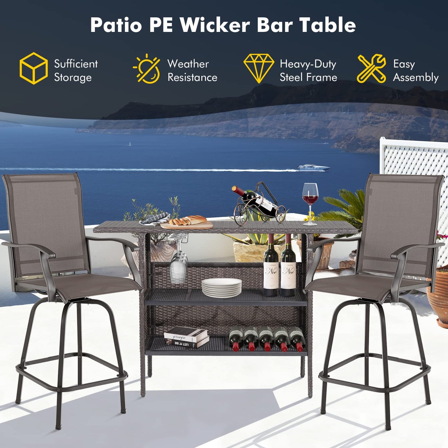 FANTASK Outdoor Wicker Bar, Paito Bar Table w/2 Storage Shelves, 2 Sets of Rails and Condole Cup Holders, Rattan Bar Counter Table for Backyard, Poolside, Garden