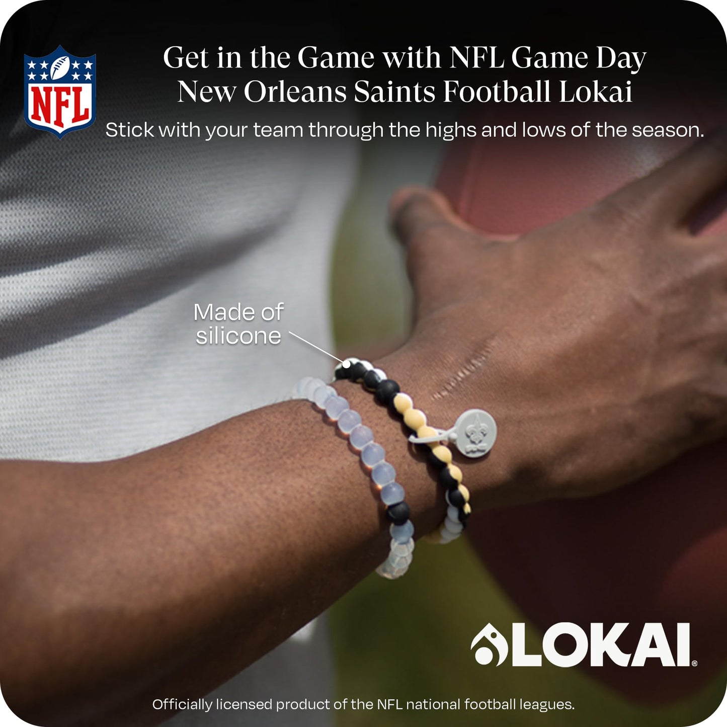 Lokai Silicone Beaded Bracelet for Men & Women, NFL Football Collection - New Orleans Saints, Medium - Silicone Jewelry Fashion Bracelet Slides-On for Comfortable Fit