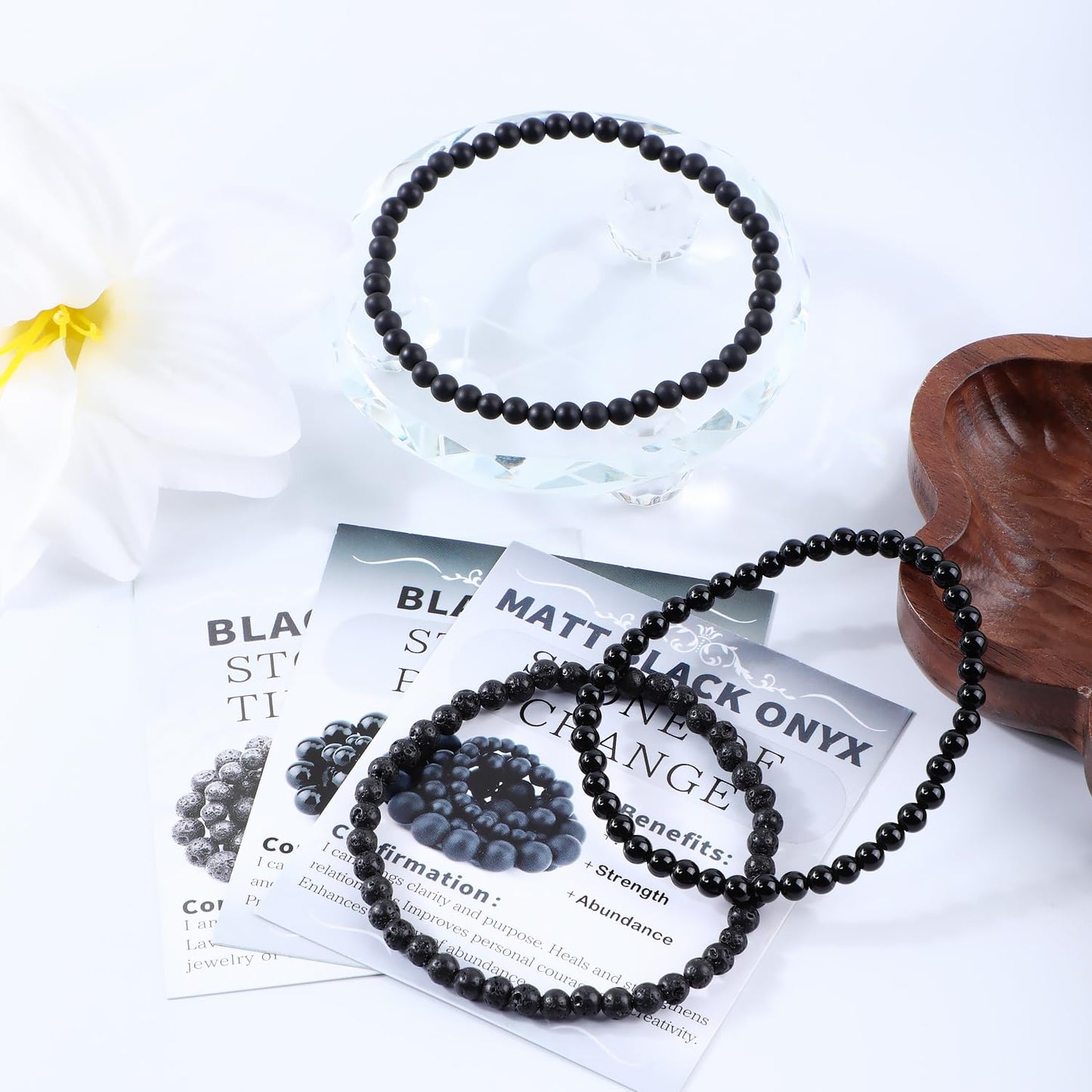 NCB 3-Piece 4mm Natural Crystal Gemstone Stretch Bracelets – ﻿Black Lava, Black Onyx, Matte Black Agate Handmade Reiki Energy Healing Jewelry for Meditation,Yoga, Unisex