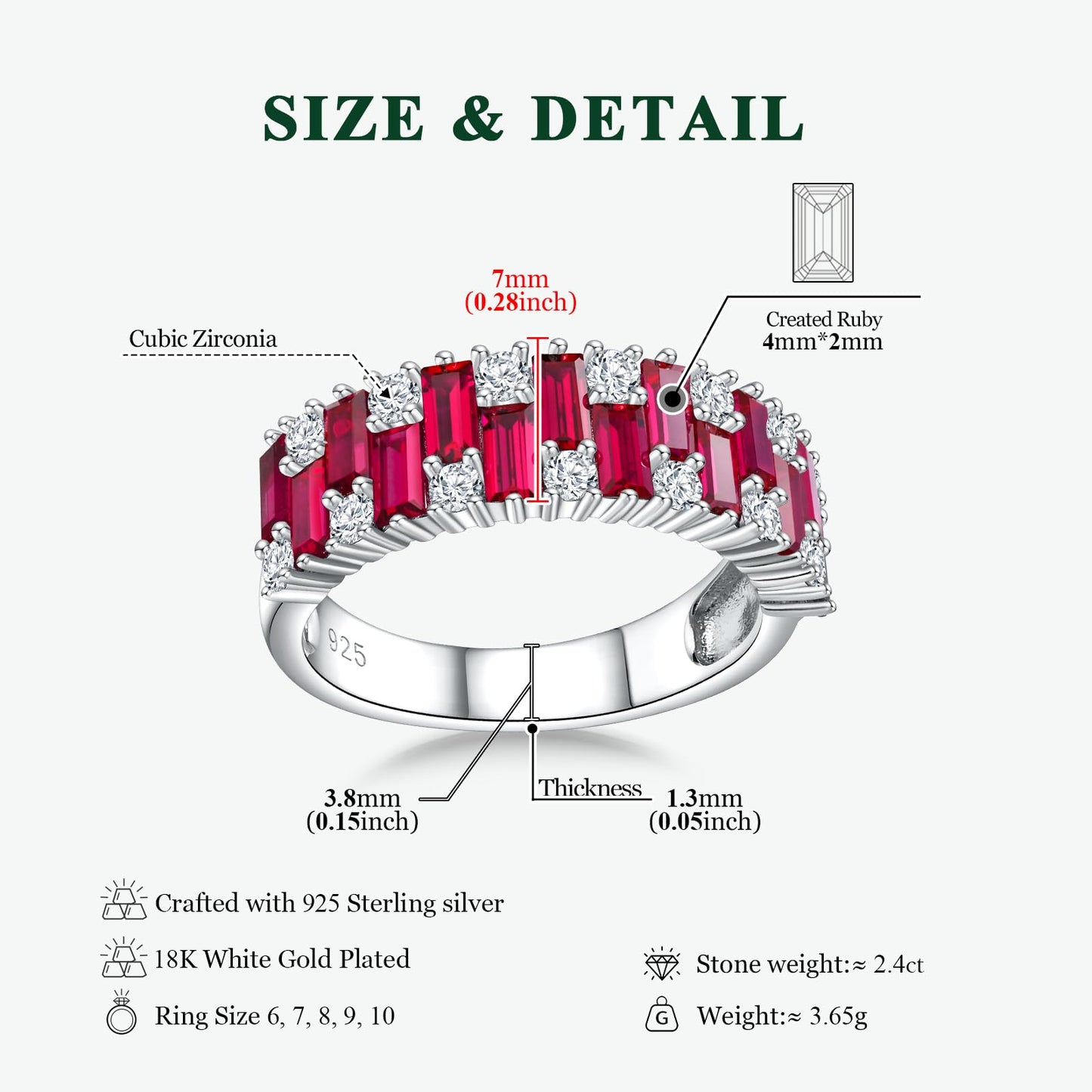 RANDES Ruby Wedding Band for Women 925 Sterling Silver Emerald Cut Cubic Zirconia Red Stone Anniversary Band Eternity Ring Size 10