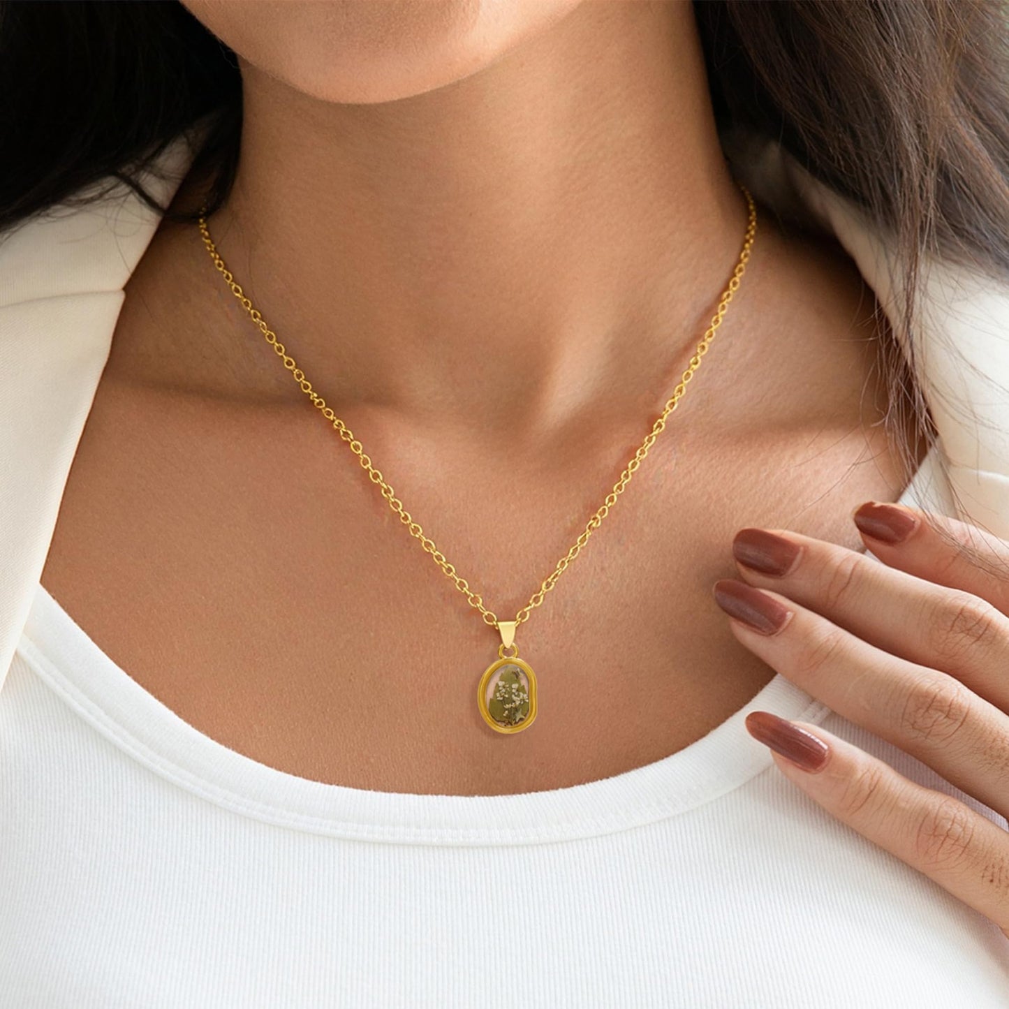 LETFLY Birth Flower Necklaces for Women, 18K Gold Plated Oval Shaped Handmade Floral Pendant, Pressed Flower Necklace Jewelry Gifts Balance