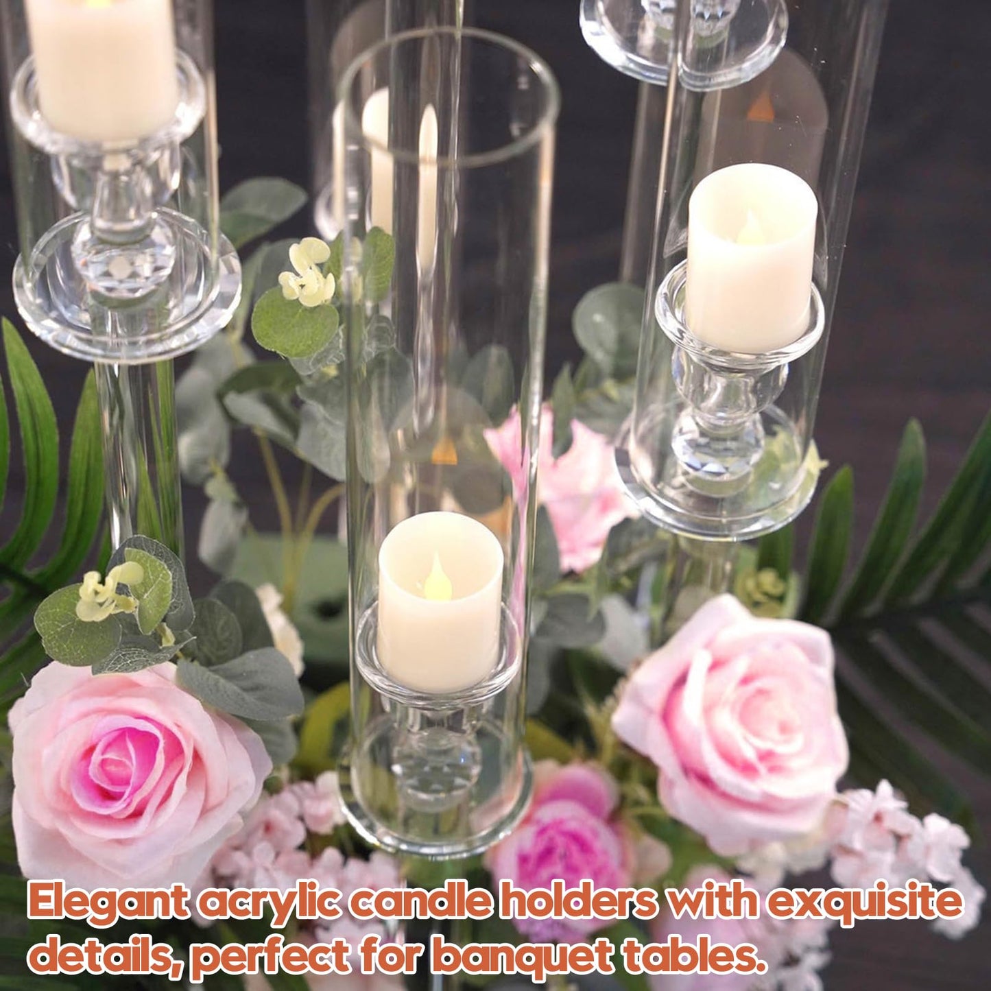 2 Set 5 Arm Acrylic Candle Holder, Mjkeomo 22'' Tall Candelabra Centerpieces for Tables, Candlesticks Holder with Lampshade for Housewarming Gift Fireplace Dinner Decor Fit 0.82'' LED Candle