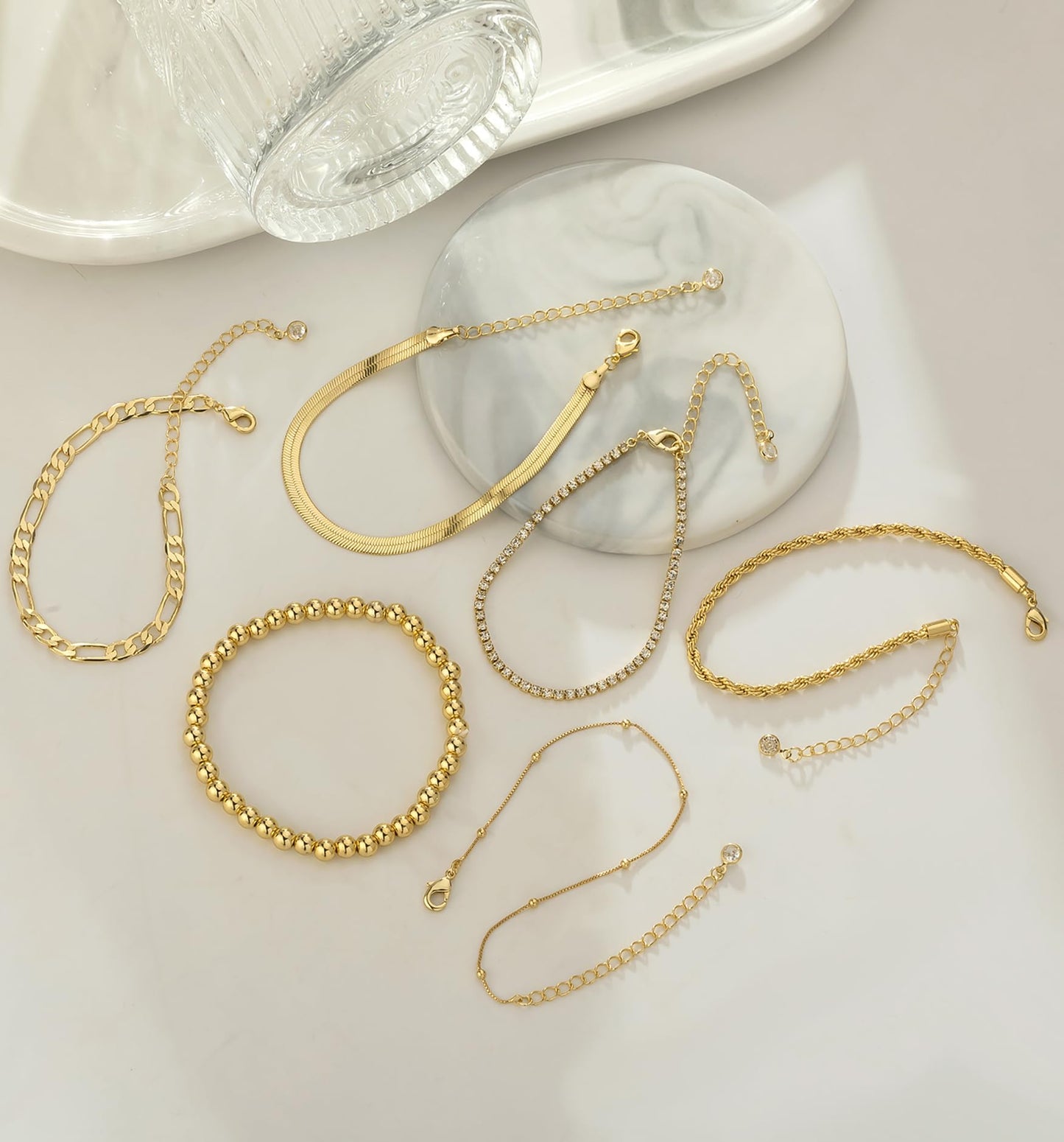 Gold Bracelets for Women 14K Gold Plated Stack Trend Bracelets Charm Paperclip Chain Cuban Link Layered Waterproof Bracelet Dainty Bracelet for Women Jewelry Gifts (6Pcs Beaded Gold)