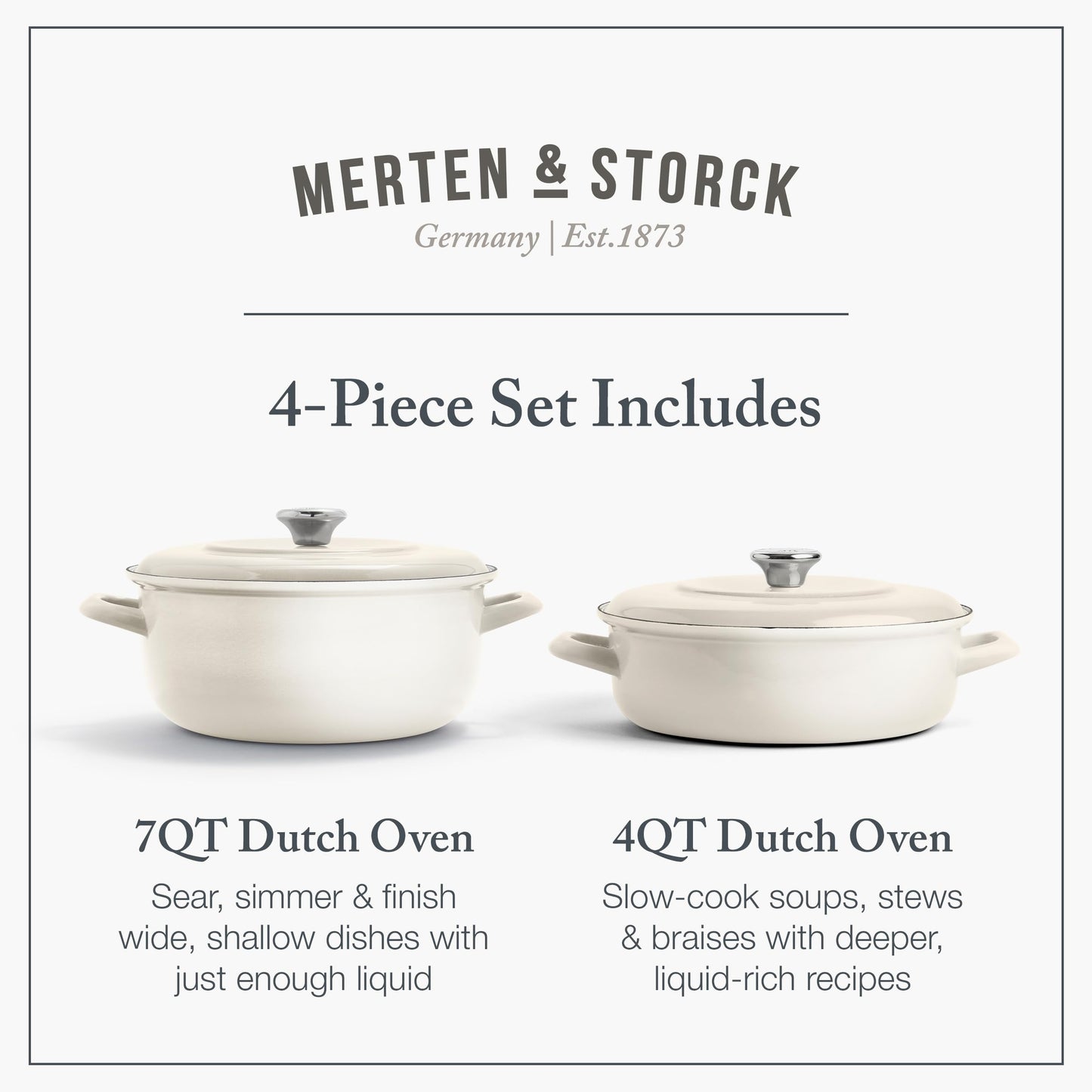 Merten & Storck 3.7QT & 5.5QT Dutch Ovens with Lids, 4 Piece Cookware Set, European Crafted Enameled Iron Stockpot, Induction & All Cooktops, Braising, Stews, Roasting, Slow Cooking, Sourdough, Cream White