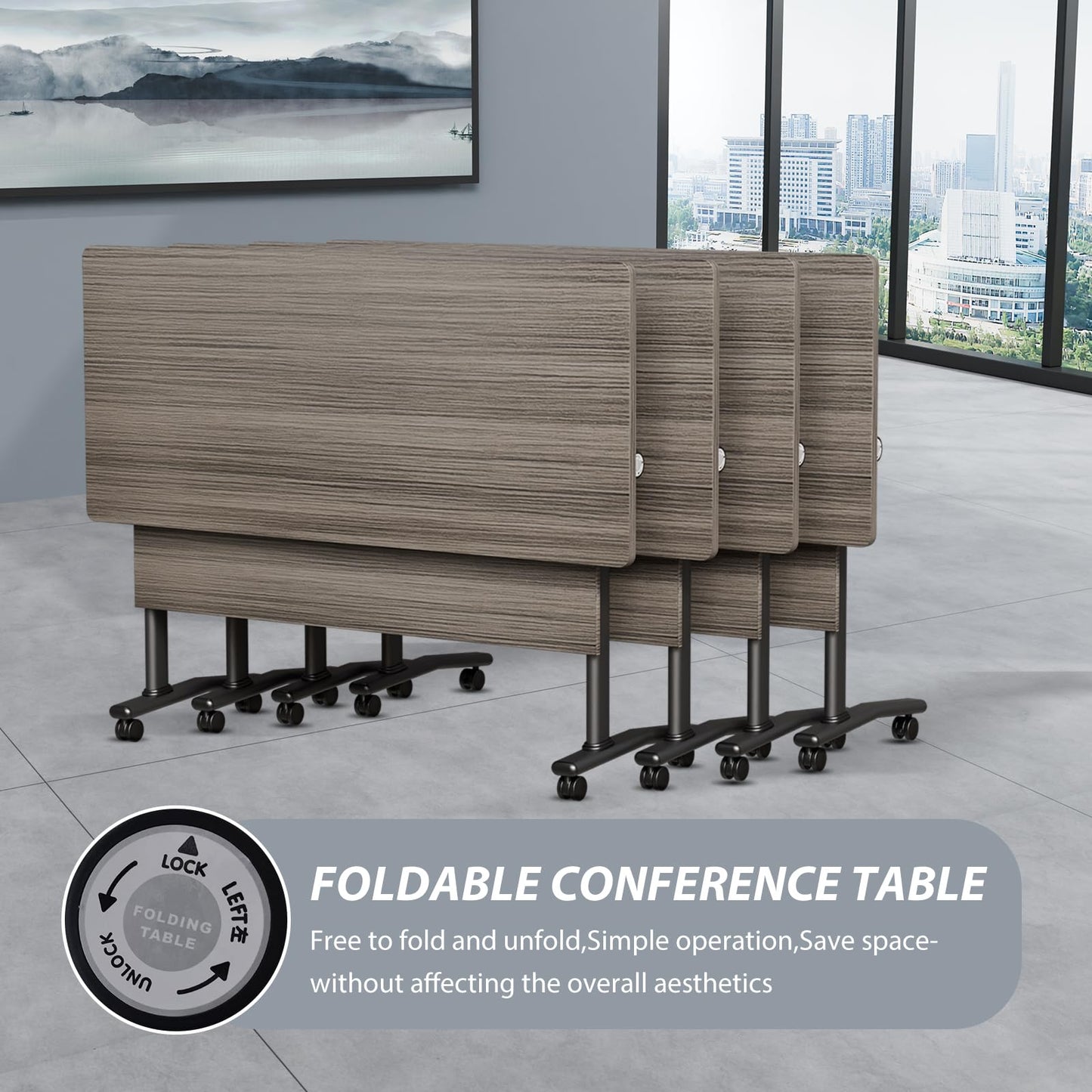 Folding Conference Room Table with Wheels, 6ft Modular Large Mobile Modern Conference Tables Office Meeting Training Table for Classroom(2, Gray, D 55")