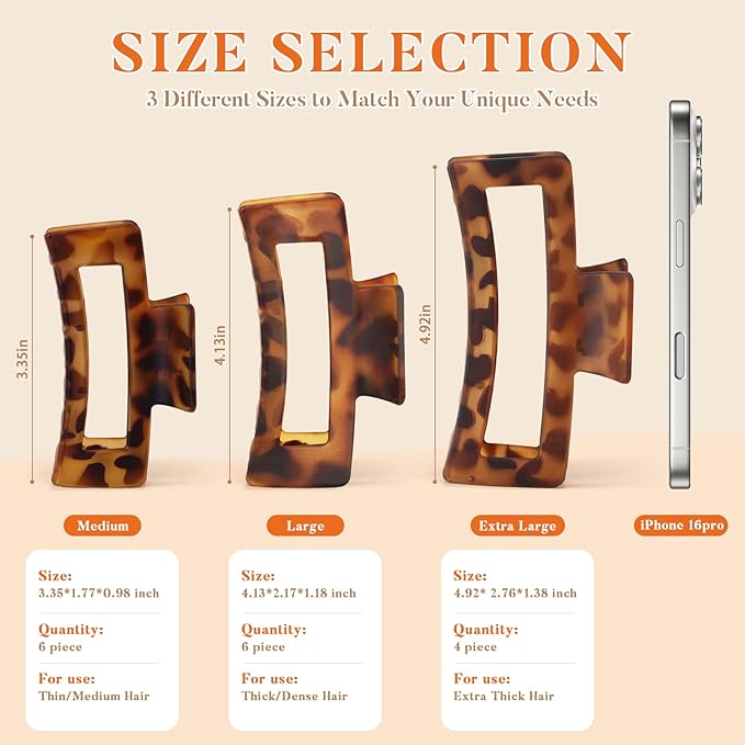 Auseibeely 6 Pack 4.1 Inch Large Claw Clips for Thick Hair, Big Tortoise Shell Claw Clip for Hat, Square Hair Clips for Thick/Long/Curly Hair, Strong Hold Non-slip Baseball Jaw Clip Accessories