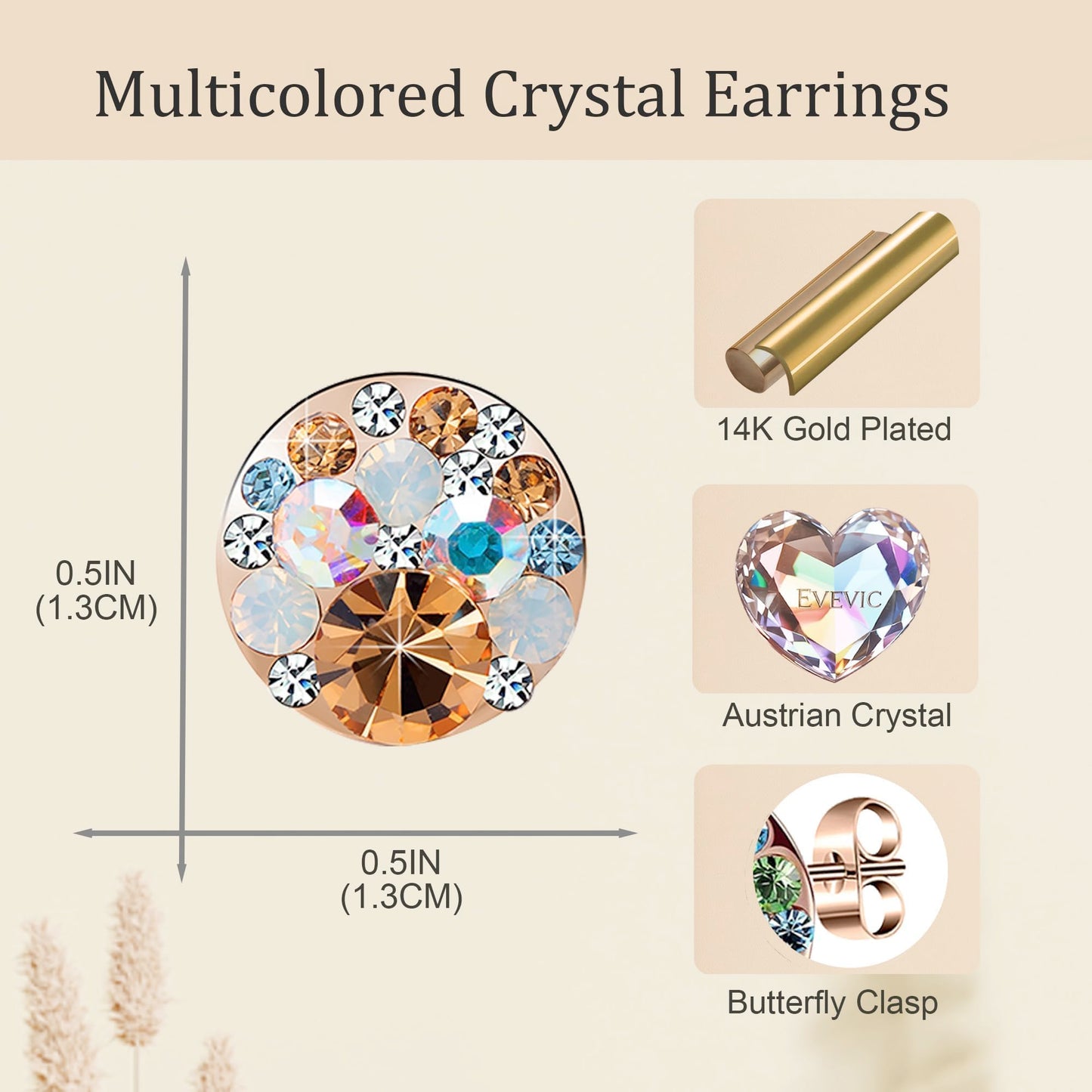 Multicolored Austrian Crystal Rhinestone Stud Earrings for Women Fashion S925 Sterling Silver Hypoallergenic Jewelry (Golden Main Crystal/Rose Gold-tone)