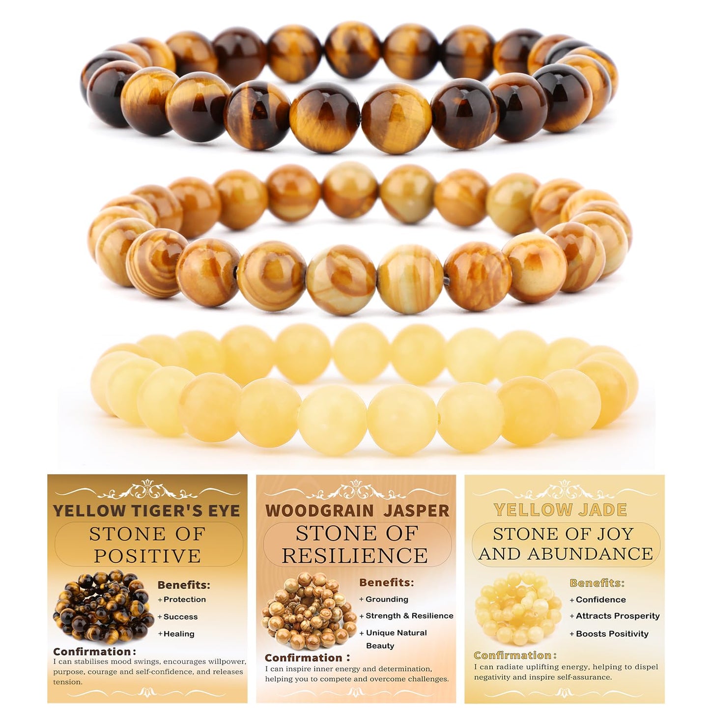 NCB 3-Piece 8mm Natural Crystal Gemstone Stretch Bracelets – ﻿Woodgrain Jasper, Yellow Jade, Yellow Tiger's Eye Handmade Reiki Energy Healing Jewelry for Meditation,Yoga, Unisex