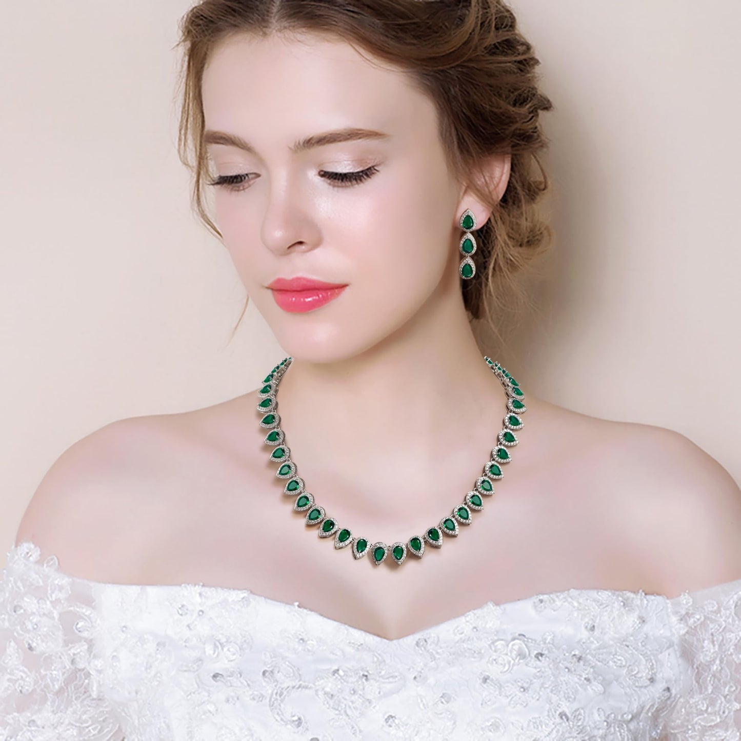 EleQueen Women's Wedding Bridal Full Prong Cubic Zirconia Teardrop Necklace Earrings Set for Brides Bridesmaids Emerald Color