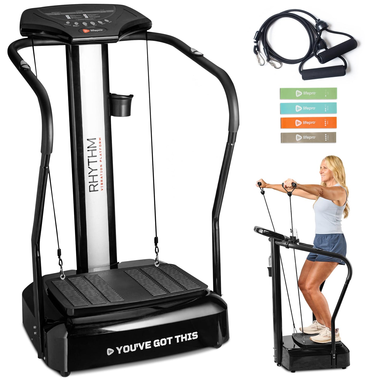 Lifepro Rhythm Vibration Plate Exercise Machine with Handles for Balance Support – Vibrating Plate for Lymphatic Drainage, Circulation & Recovery, Heart Rate Sensor, Phone Holder, 99 Speed Levels