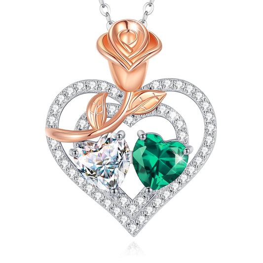 AGVANA April May Birthstone Jewelry CZ Emerald Necklace Sterling Silver Rose Flower Heart Double Birthstone Pendant Necklace Anniversary Birthday Gifts for Women Mom Wife Lady Her