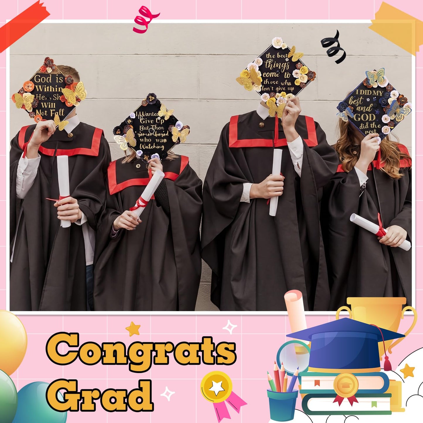 Feifeiya 44 Pcs DIY Graduation Cap Decoration Accessory Kit Faux Paper Flower Head Graduation Quote Glitter Sticker 3D Butterfly Pearl Rhinestone Sticker for Grad Cap Topper Gift (Black Gold)