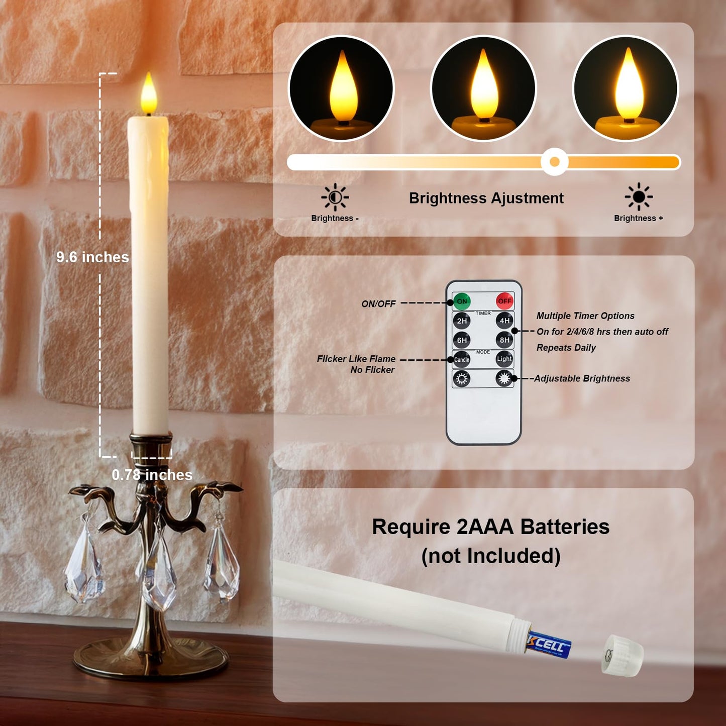 Homemory Real Wax Flameless Taper Candles with Remote Timer, 9.6 Inches White LED Flameless Candlesticks, Dripless Battery Operated Window Candles Flickering Pack of 2 for Fireplace Xmas Halloween