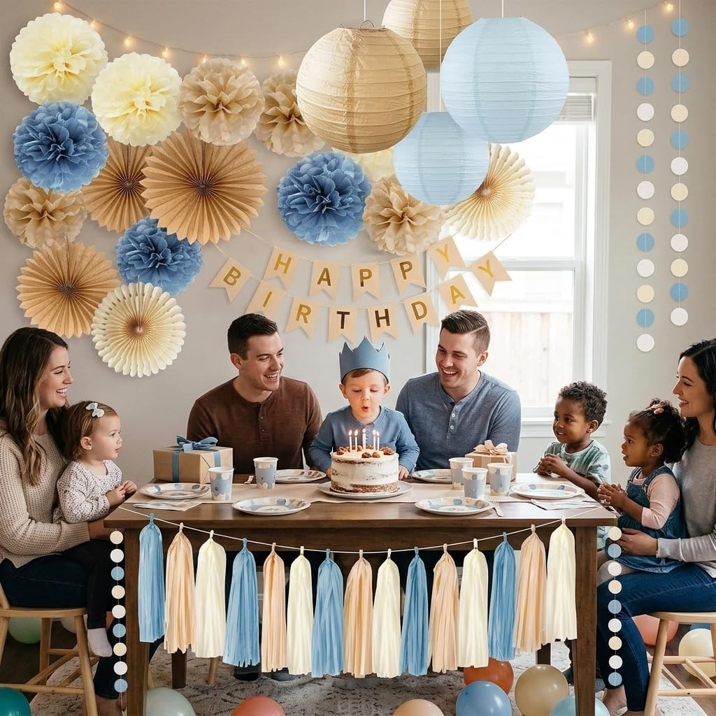 Dusty Blue Beige Champagne Birthday Decoration for Women Girl Boy Boho Neutral Happy Banner Tissue Pom Poms Paper Lanterns Fans Tassel Garlands Wedding Baby Shower Blue Birthday Party Decorations
