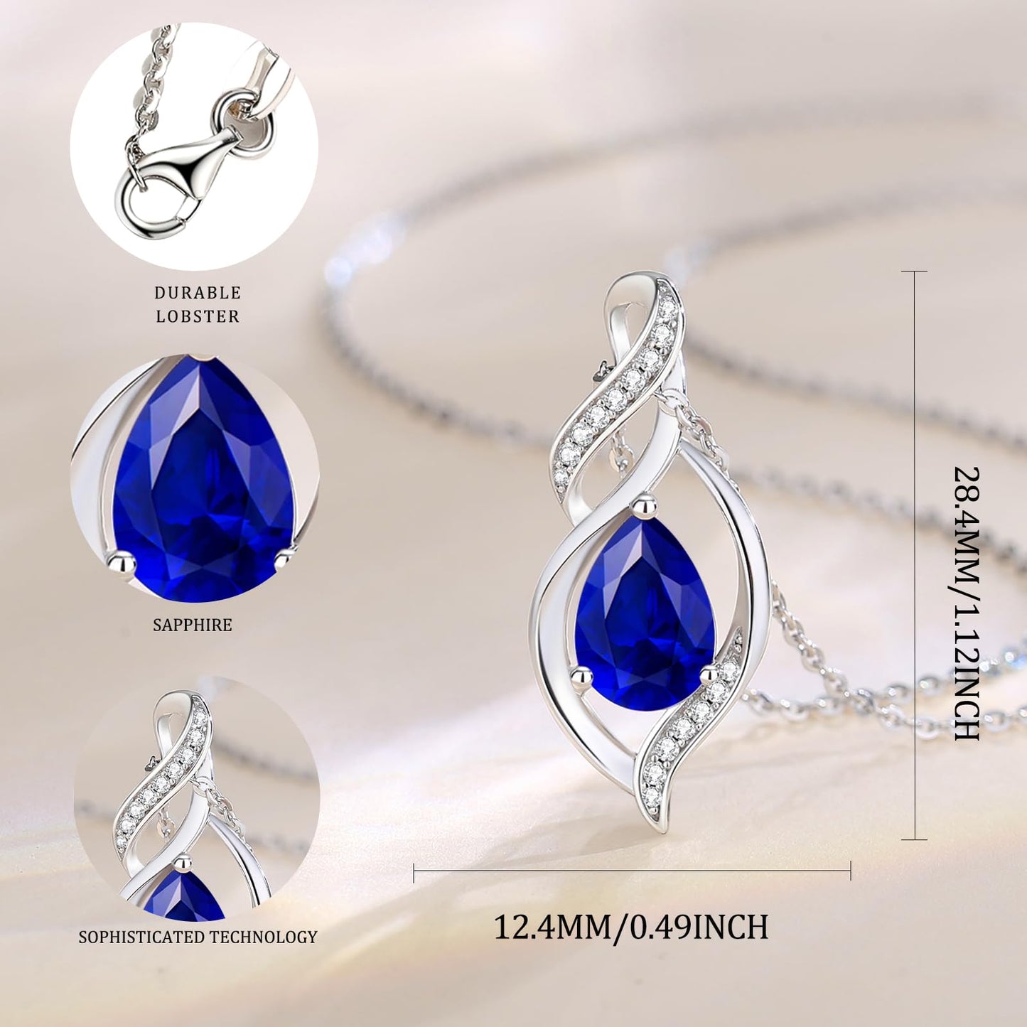 FANCIME September Birthstone Necklace for Women Blue Sapphire Teardrop Necklace Sterling Silver Infinity Love Birthday Gifts for Mom Women, 16"+2" Inches